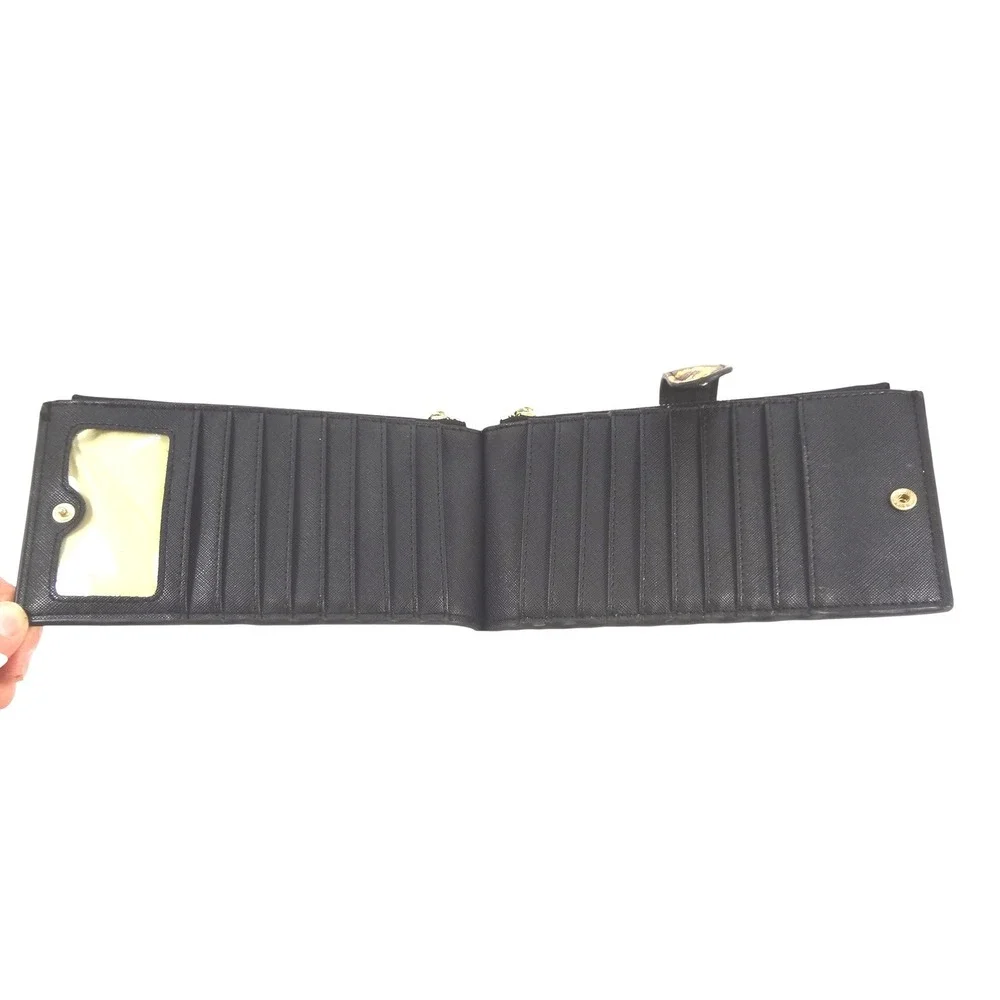 Sunflower Print Slim Bifold Wallet Black Yellow Faux Leather Dual‎ Zip Organizer